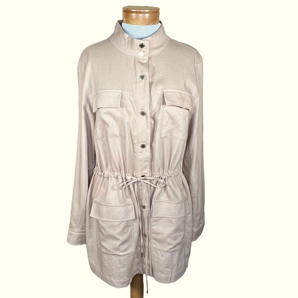 Anne Klein “Sand” Linen Blend Stylish Utility Style Jacket With Gold Trim L NWT - Picture 2 of 16